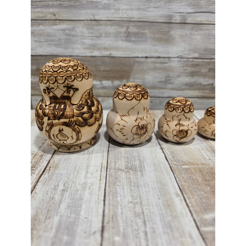Russian Nesting Dolls Matryoshka Set of 10 Wood Burned Pyrography Folk Art Decor - Picture 7 of 16
